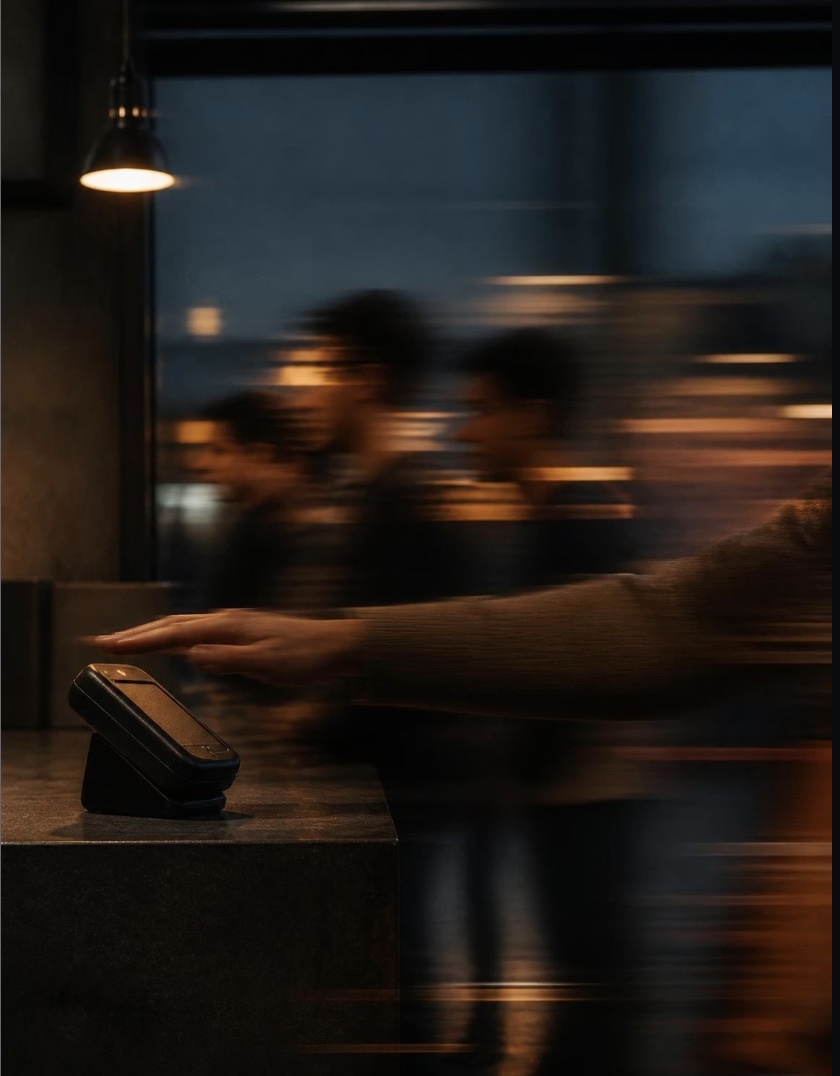 Someone reaching to pay at a PalmX reader in a busy café